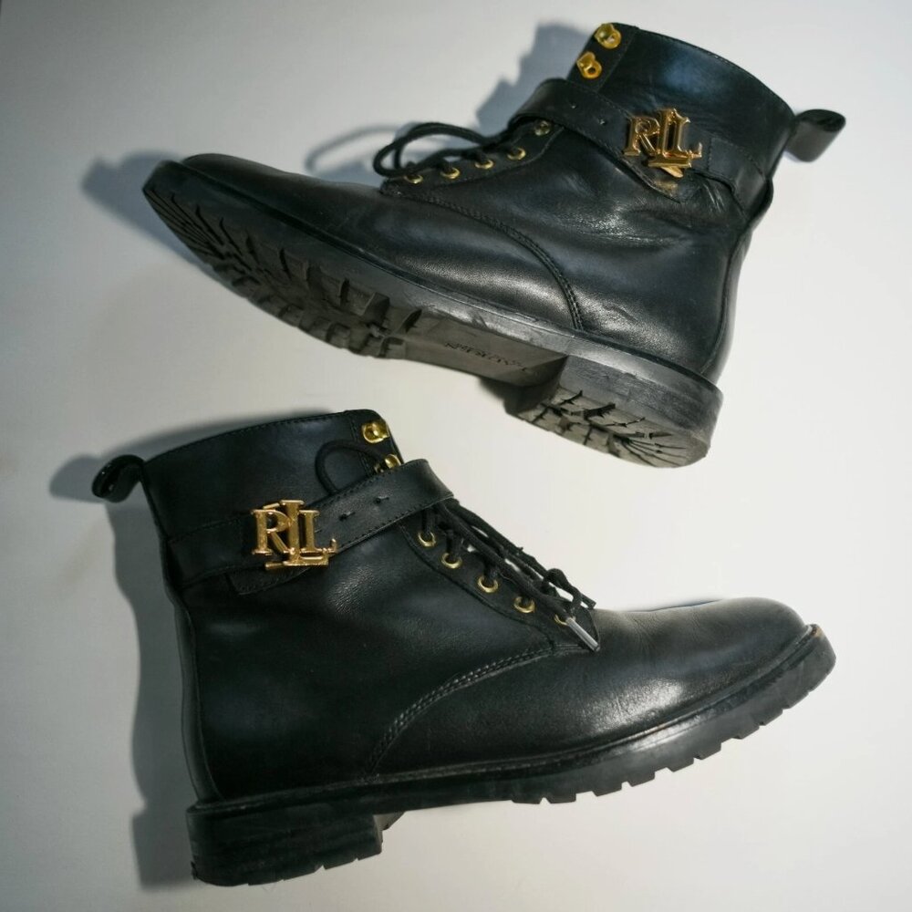 Ralph Lauren Black Eldridge Burnished Leather Combat Boot Size 7